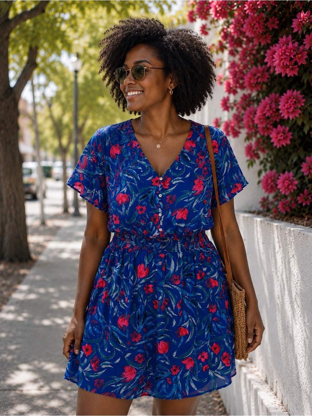 Daniel Rainn Blue Floral Smocked Waist Flutter Sleeve Dress XL Boho Cottagecore